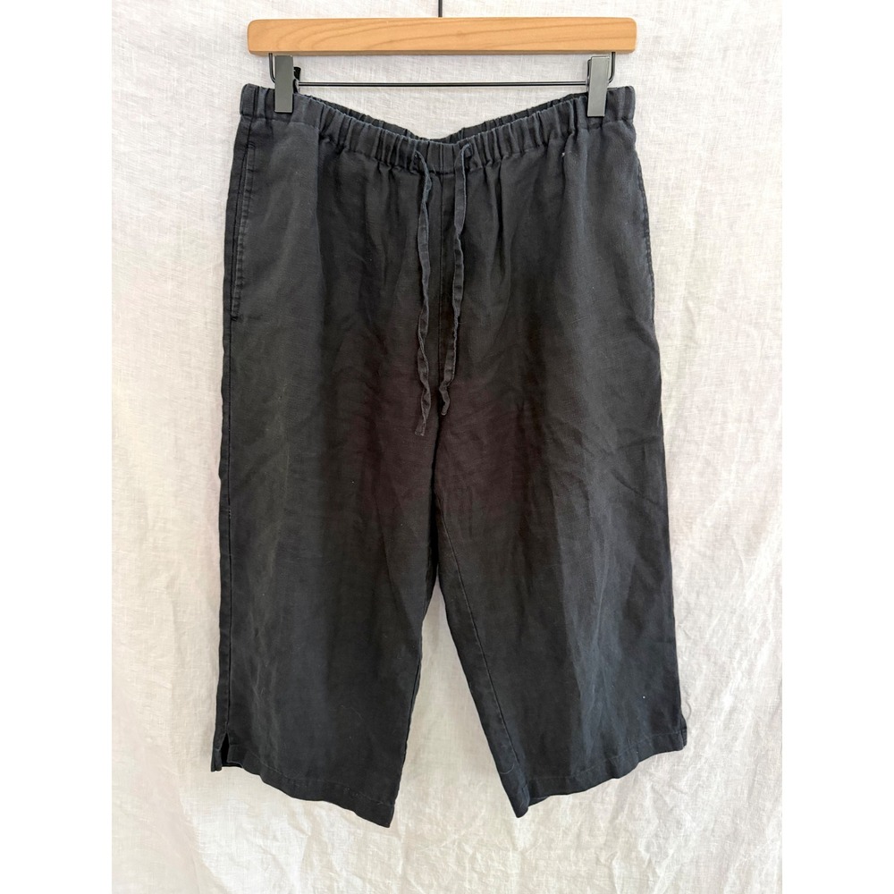 Orvis Cropped Pants Womens Black 100% Linen Drawstring Elastic Waist medium